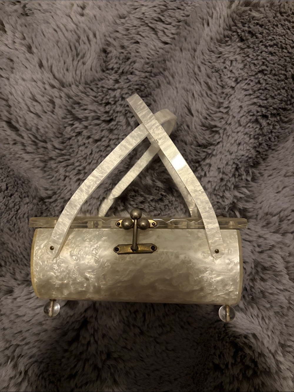 Pearlescent White Vintage-Style Cylinder Handbag